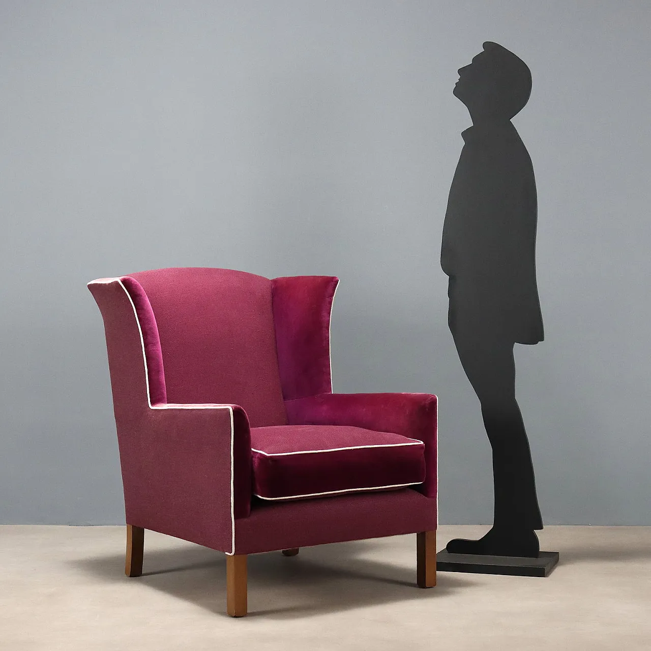 Poltrona bergere in velluto, tessuto e faggio tinto noce, '900 2