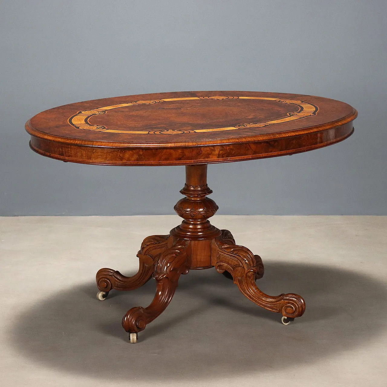 Tavolo a vela in mogano e olmo con intarsi di legni vari, '800 1