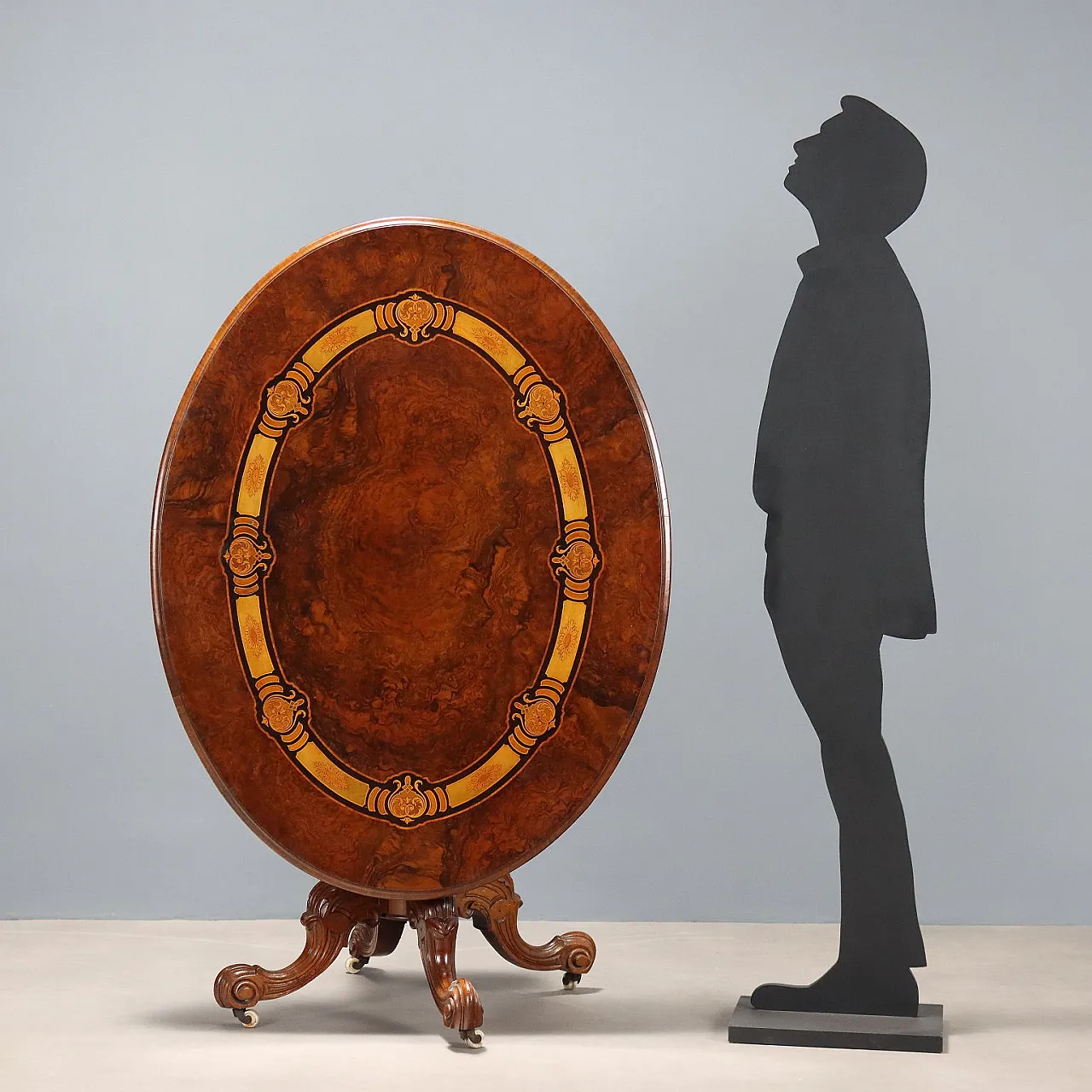 Tavolo a vela in mogano e olmo con intarsi di legni vari, '800 2