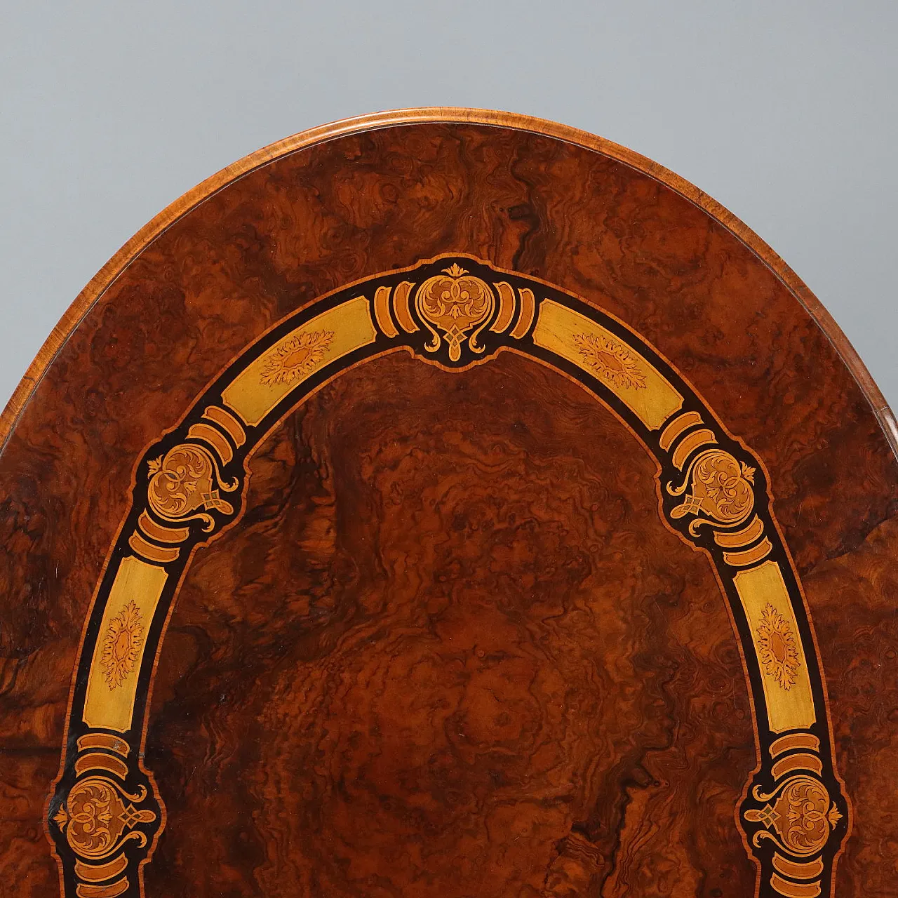 Tavolo a vela in mogano e olmo con intarsi di legni vari, '800 5