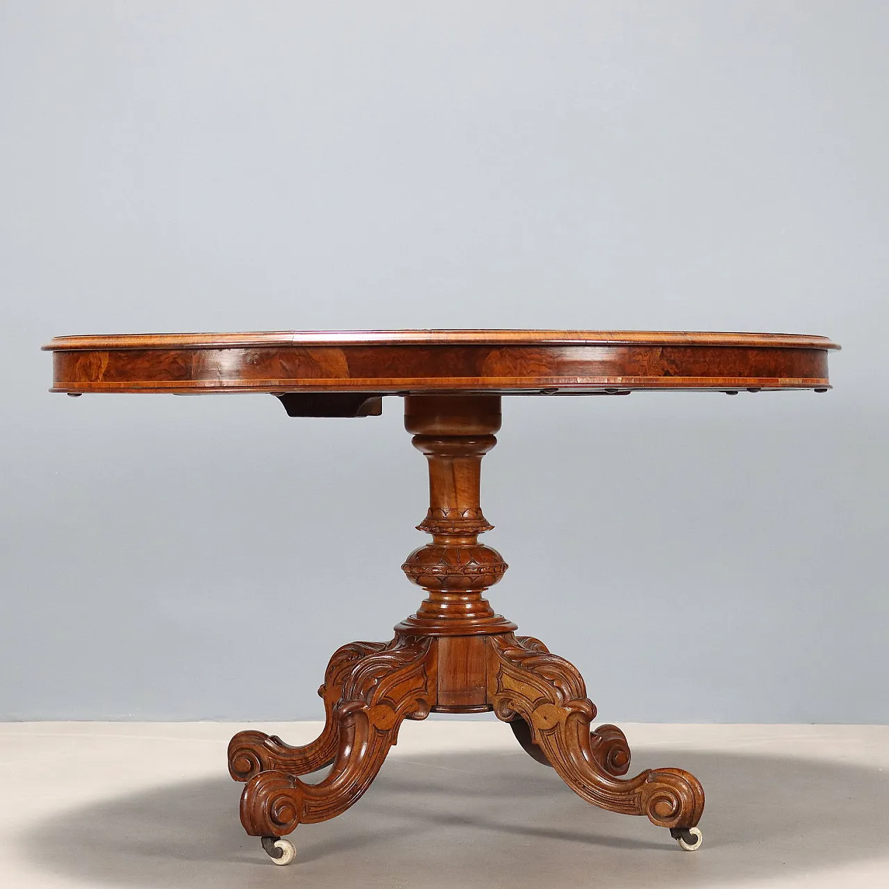 Tavolo a vela in mogano e olmo con intarsi di legni vari, '800 8