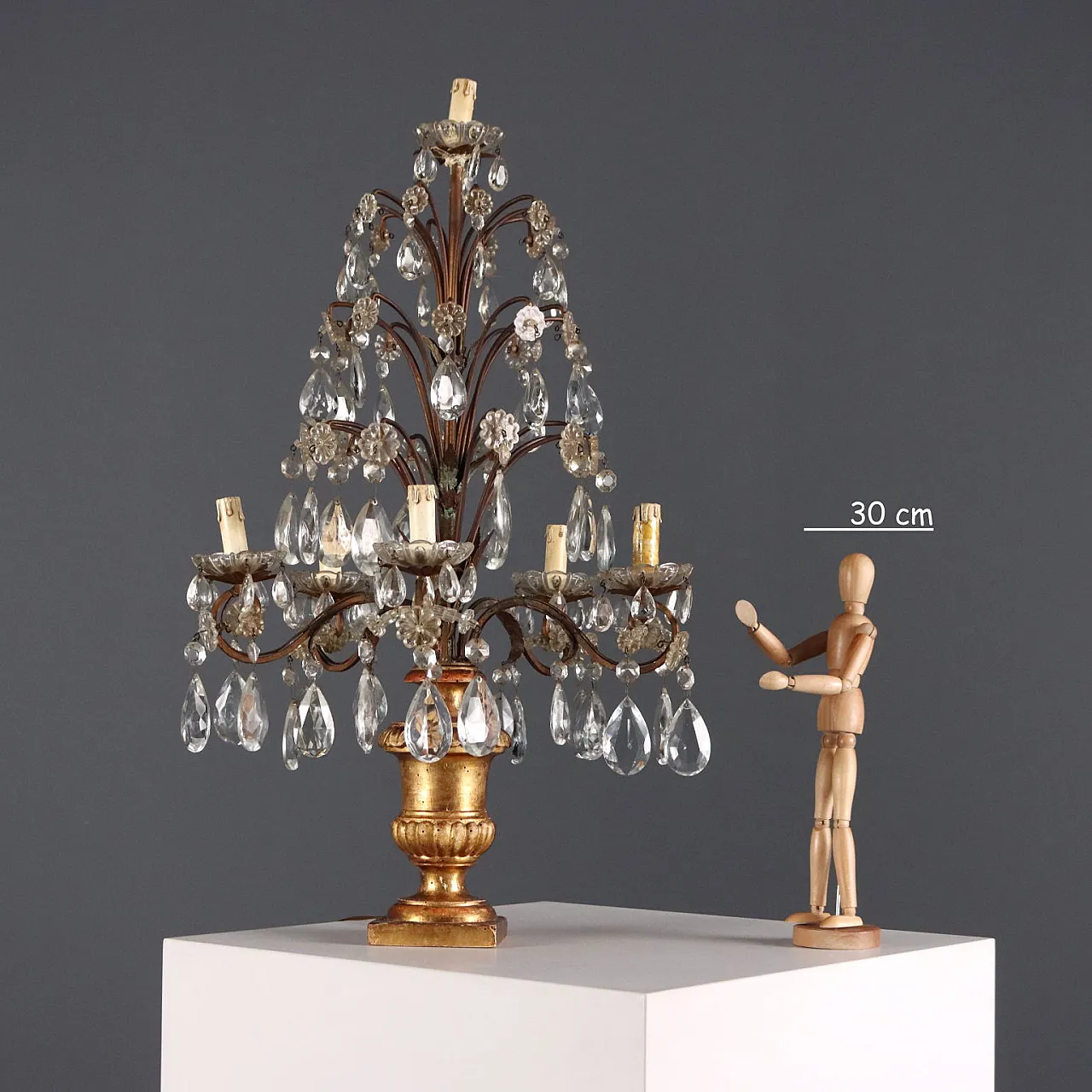 Carved and gilded wooden table lamp, iron and glass, 19th century 2