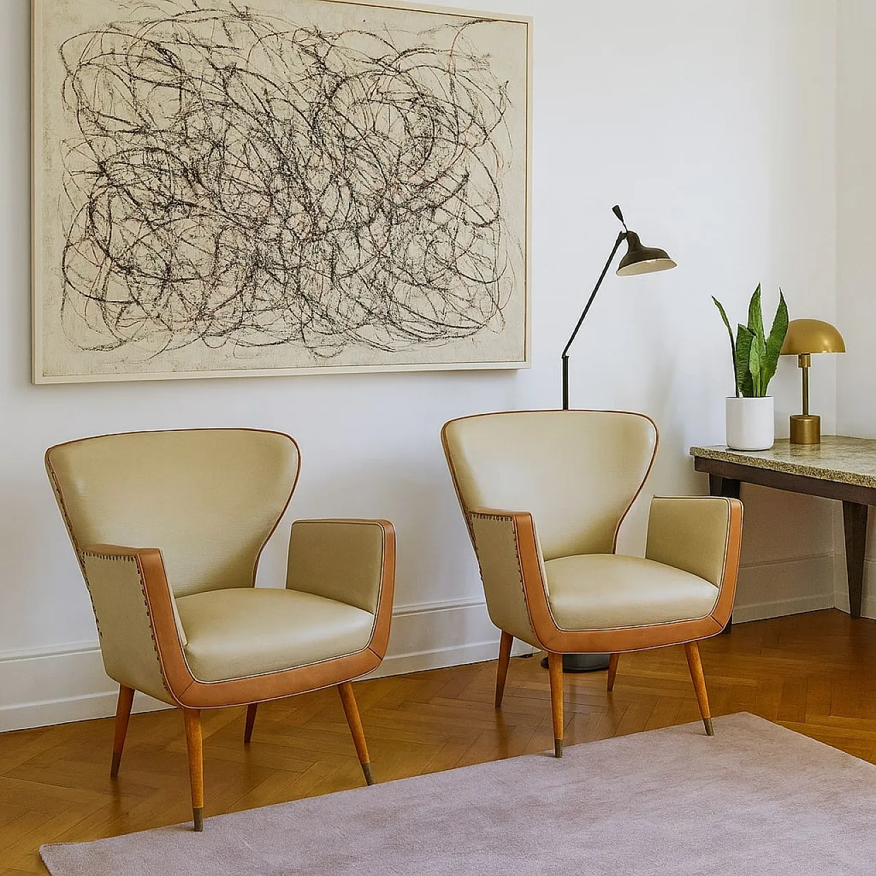 Pair of vinyl and wooden armchairs, 20th century 2