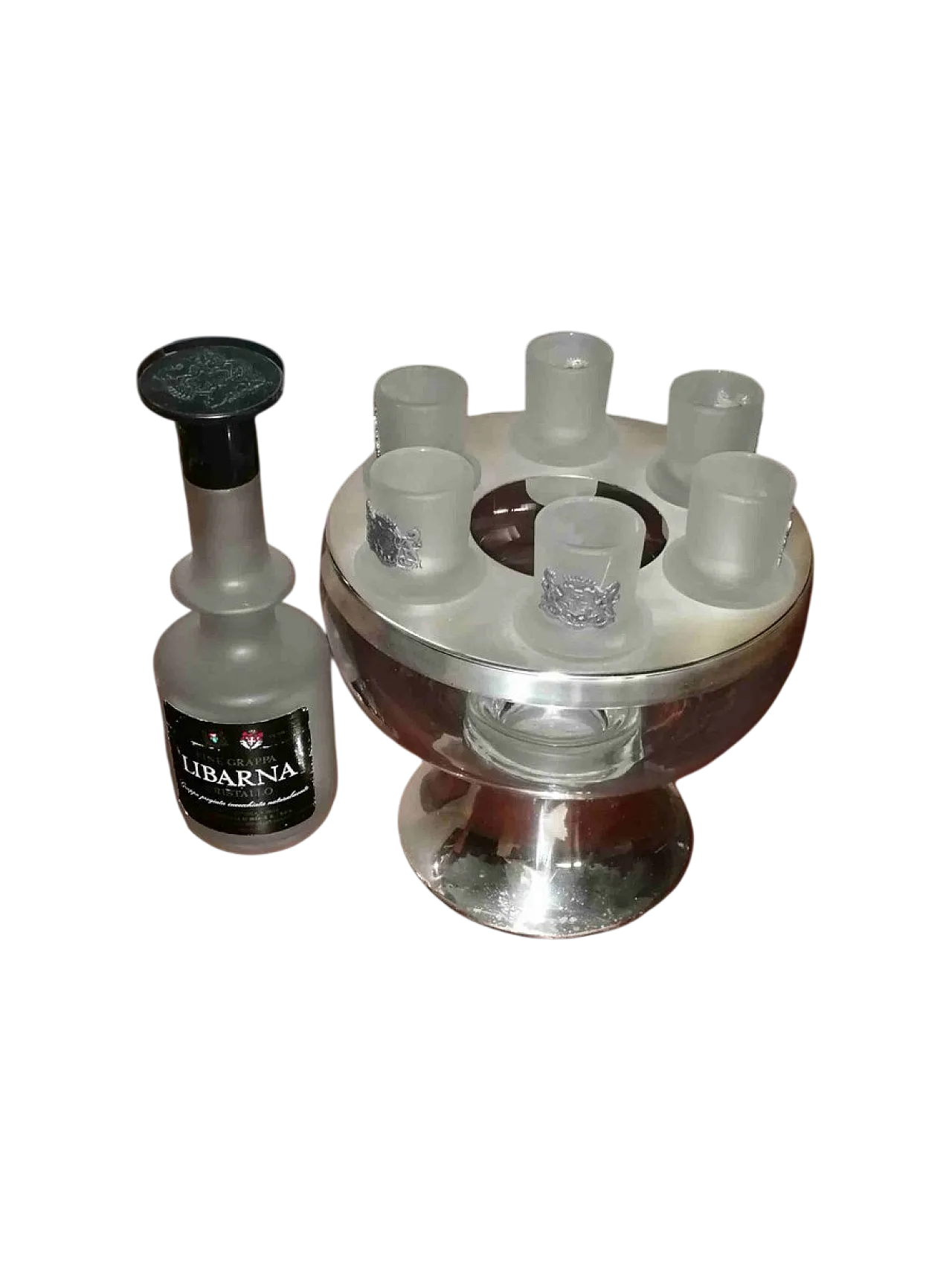 Secchielli ghiaccio con bottiglia grappa Libarna e bicchieri, anni '70 4