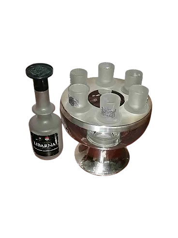 Secchielli ghiaccio con bottiglia grappa Libarna e bicchieri, anni '70