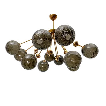 “Galaxy” Chandelier in Brass and Fumé Murano Glass