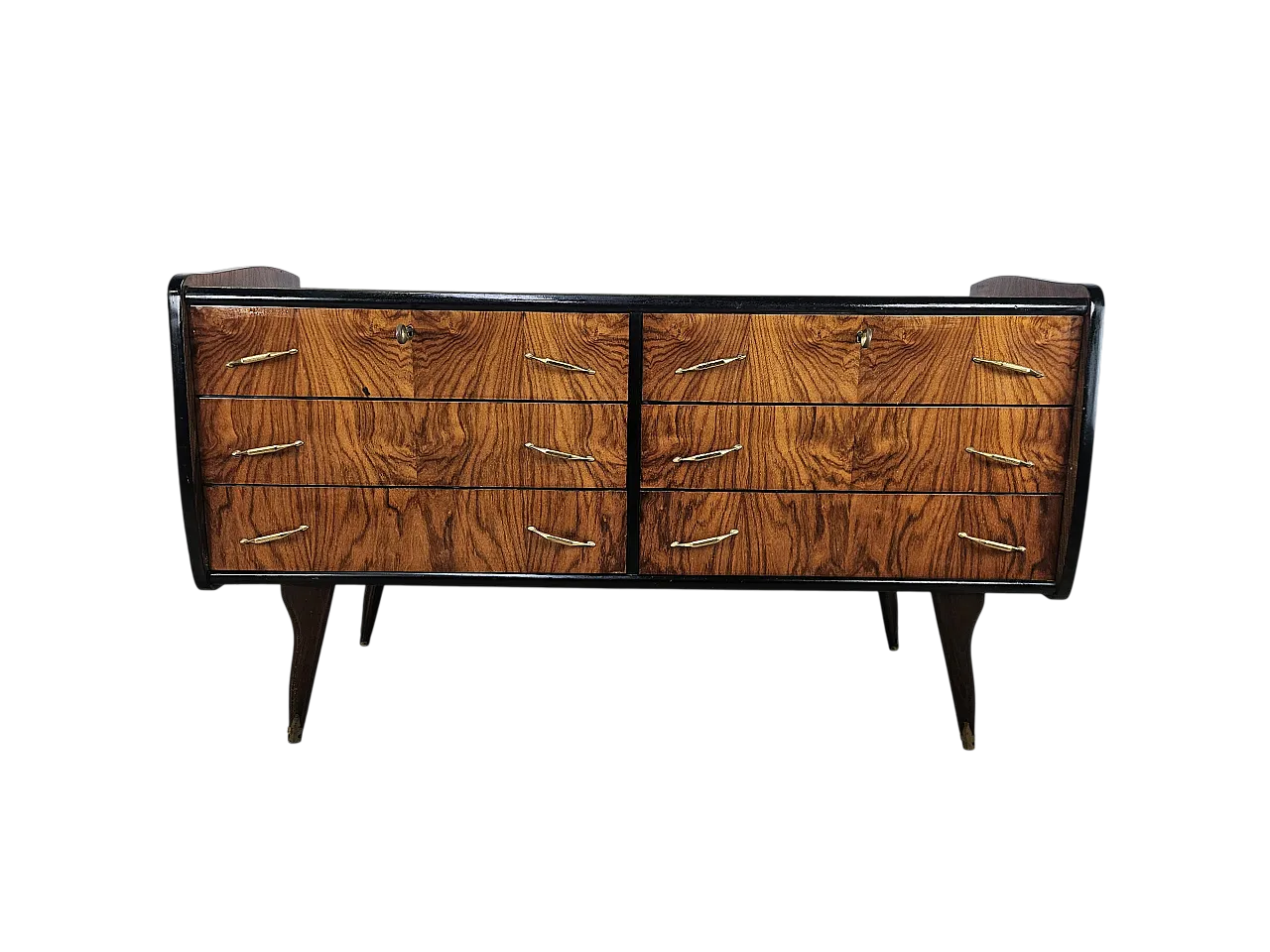 Comò sei cassetti  con piano in vetro, anni '50 19