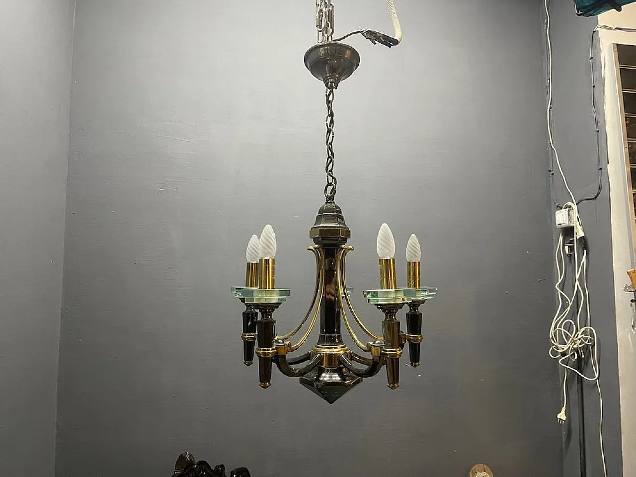 Lampadario in ottone e cristallo di Lampart Milano, anni '70 3