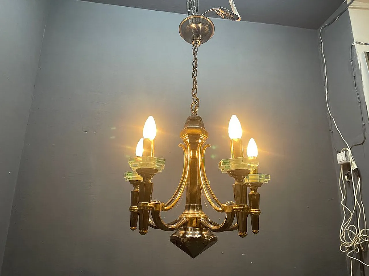 Lampadario in ottone e cristallo di Lampart Milano, anni '70 4