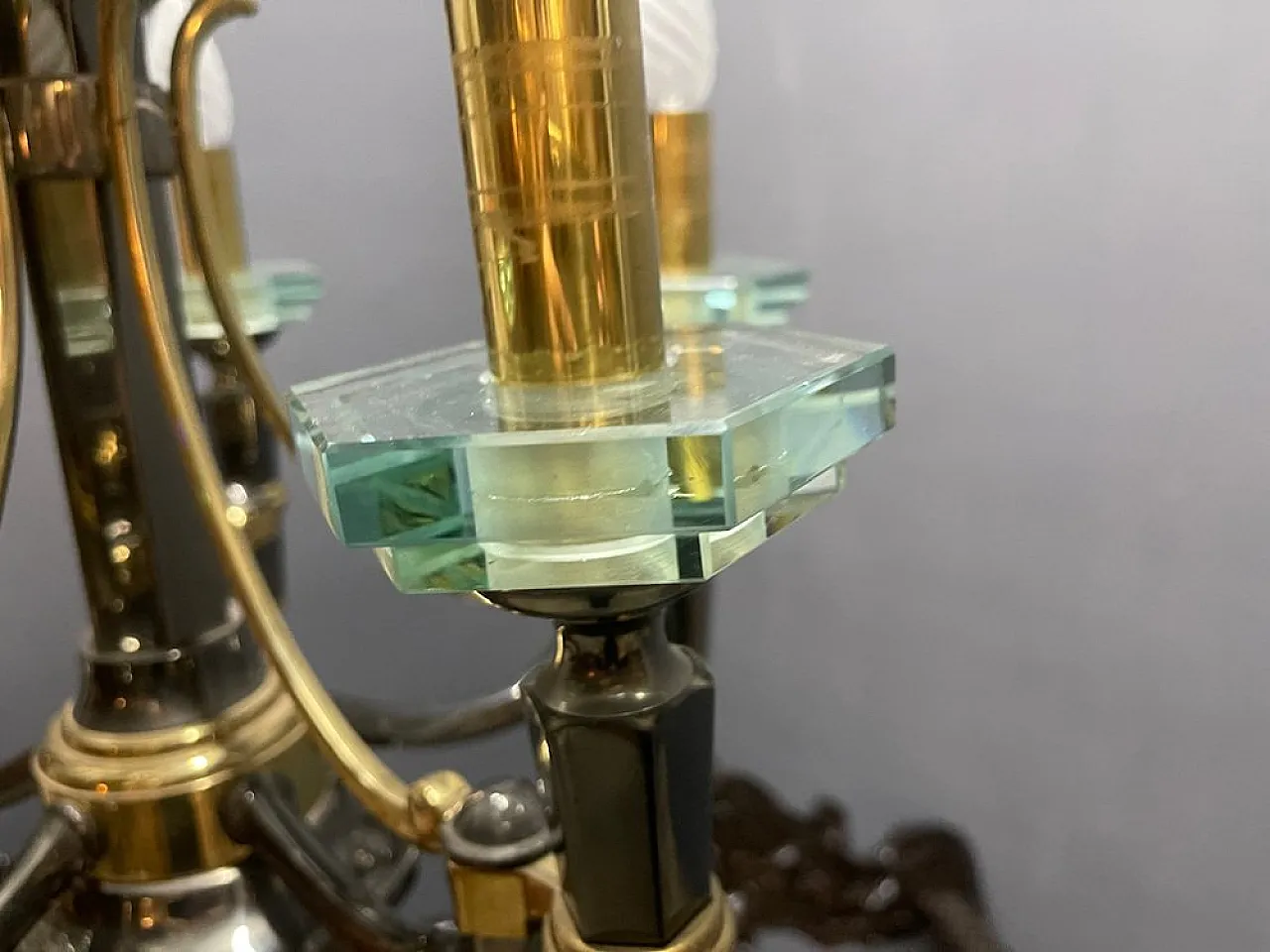 Lampadario in ottone e cristallo di Lampart Milano, anni '70 10