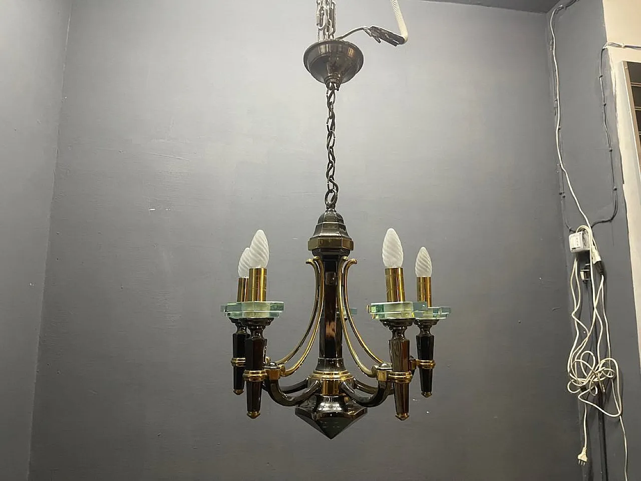 Lampadario in ottone e cristallo di Lampart Milano, anni '70 11