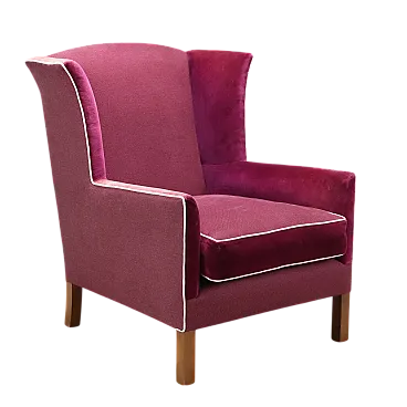 Poltrona bergere in velluto, tessuto e faggio tinto noce, '900