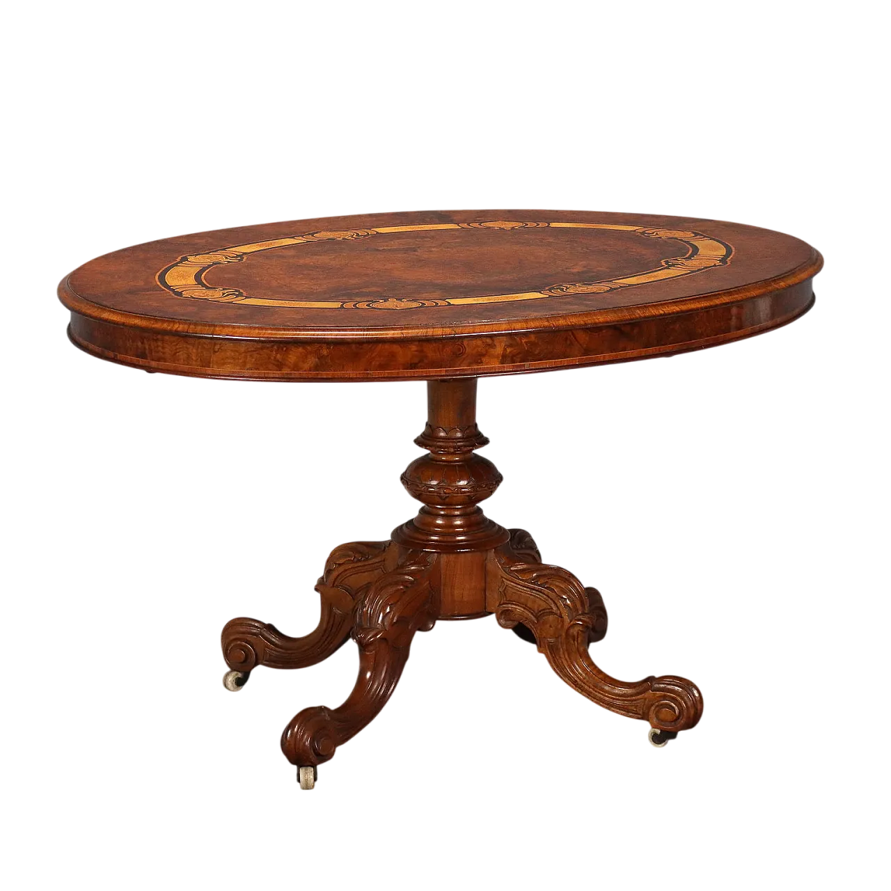 Tavolo a vela in mogano e olmo con intarsi di legni vari, '800 10