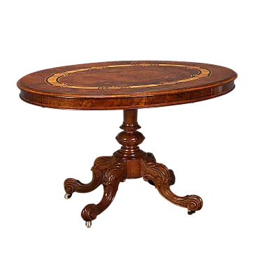 Tavolo a vela in mogano e olmo con intarsi di legni vari, '800