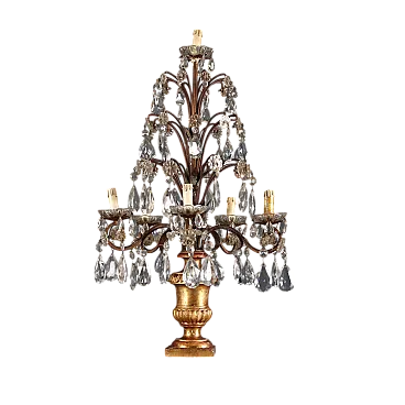 Lampada da tavolo in legno intagliato e dorato, ferro e vetro, '800