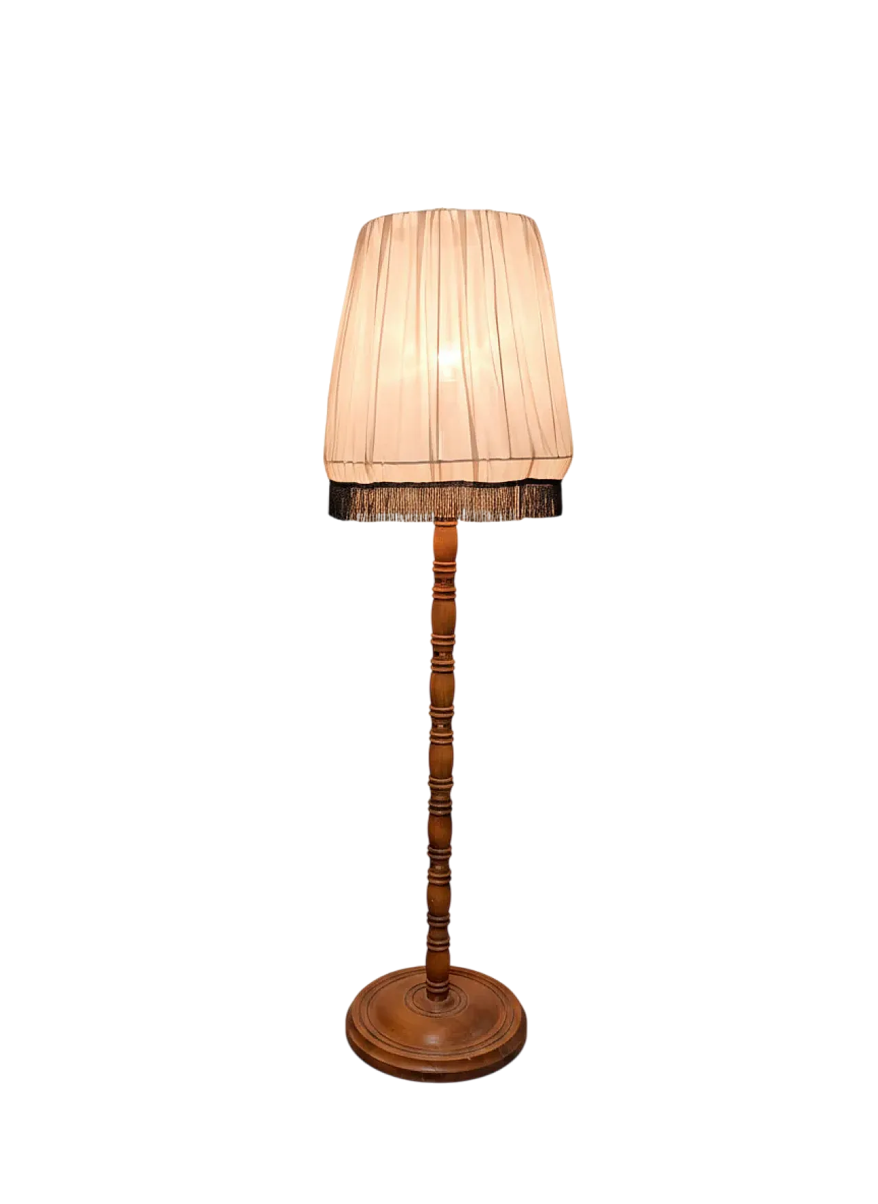 Lampada da terra in legno con paralume plissettato, anni '70 8