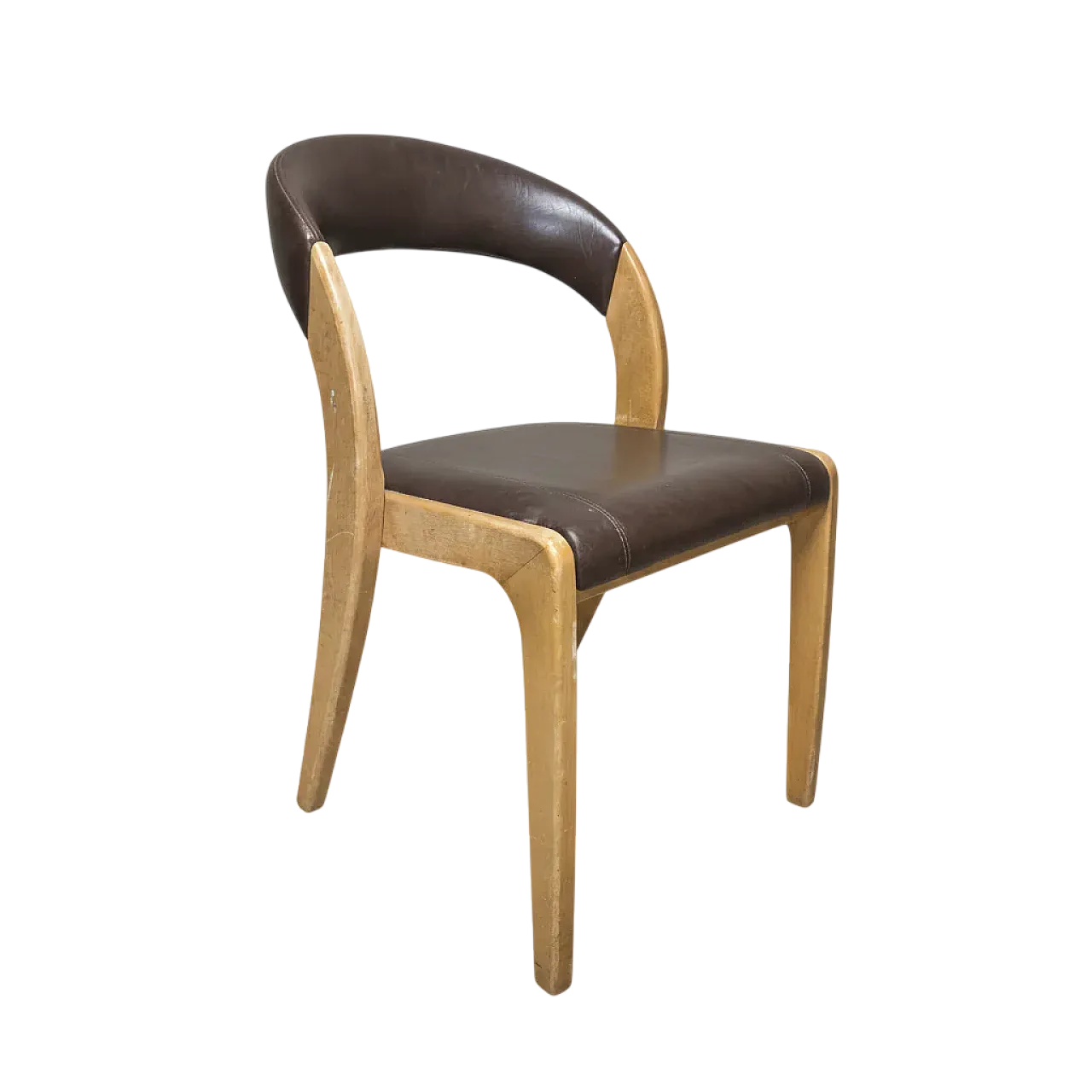 Sedia da pranzo con schienale curvo, legno e similpelle, anni '70 11