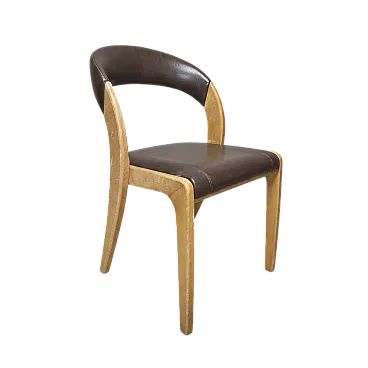 Sedia da pranzo con schienale curvo, legno e similpelle, anni '70