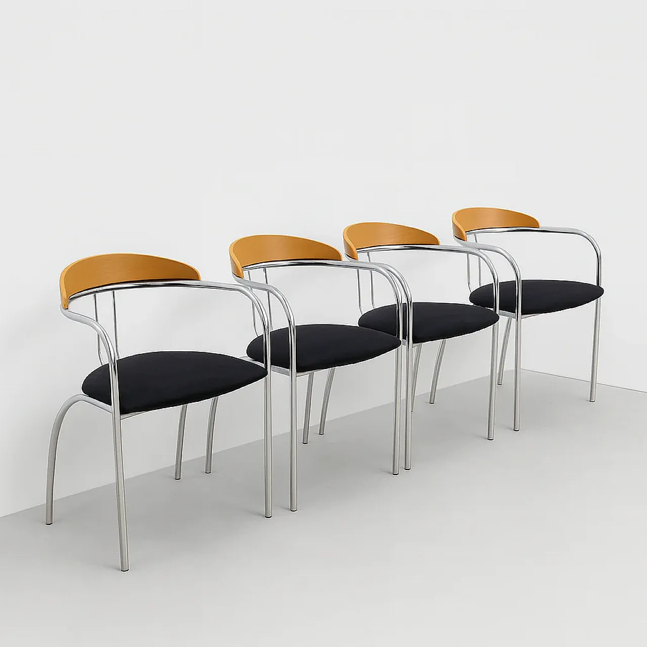 4 Sedie cromate e in legno, anni '80 1