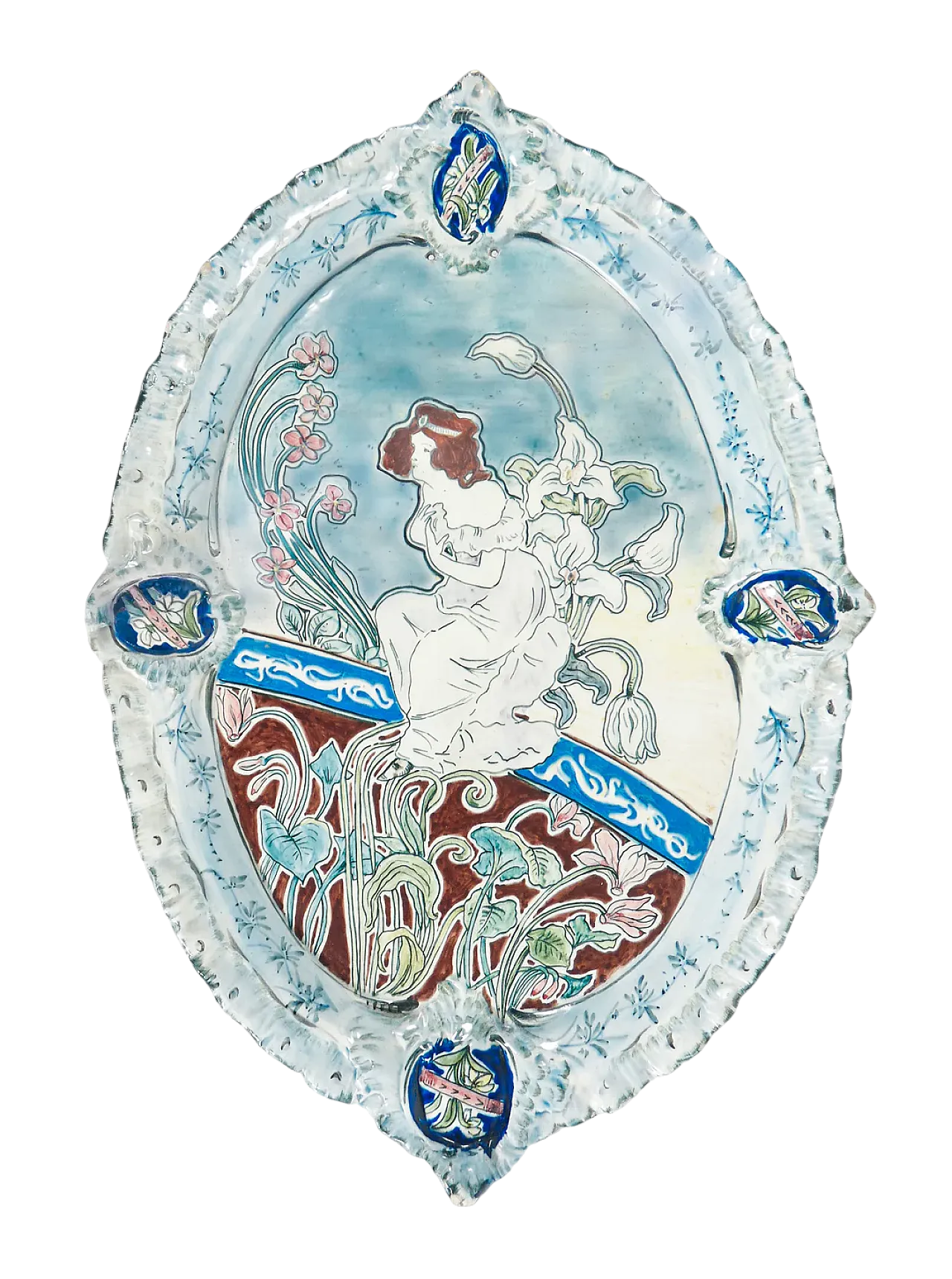 Piatto decorativo Liberty in maiolica dipinta a mano, primo '900 9
