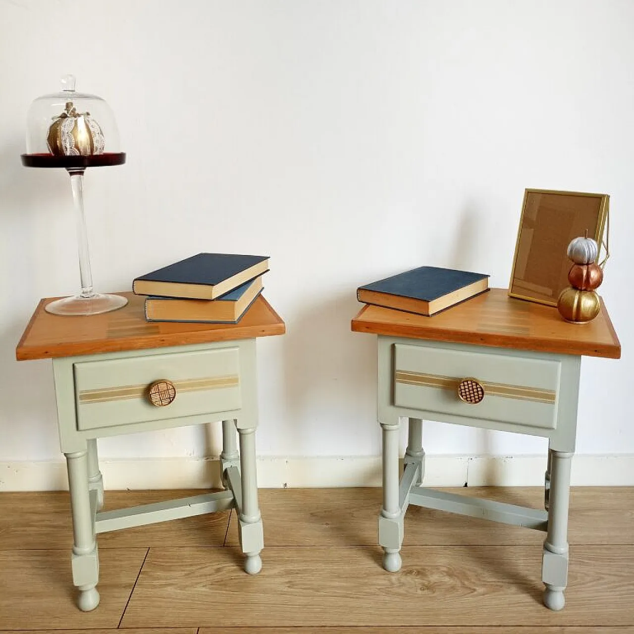 Pair of Royal bedside tables in solid patinated wood, 20th century 1