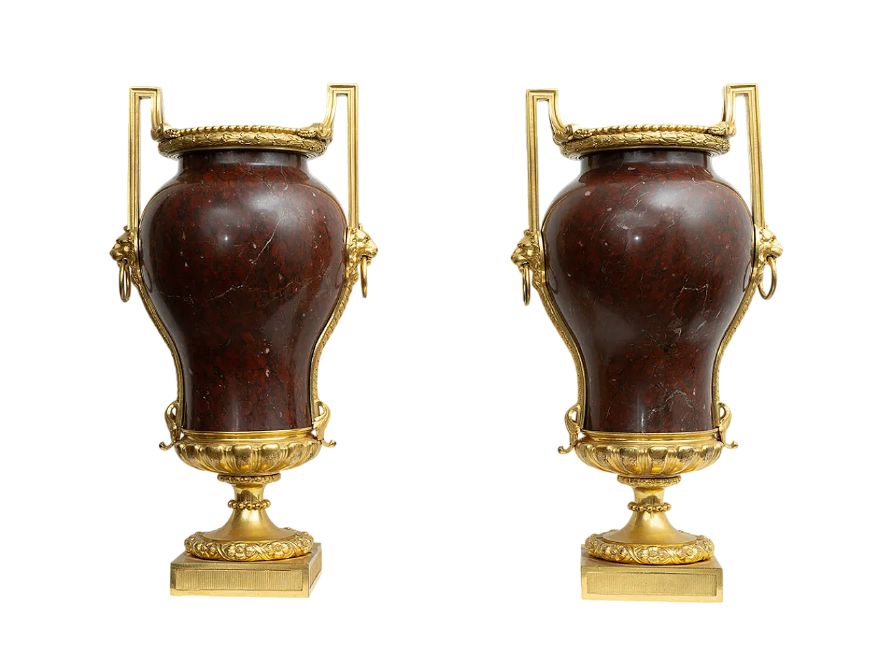 Pair of Napoleon III vases in gilded bronze and red marble, 19th c. 6