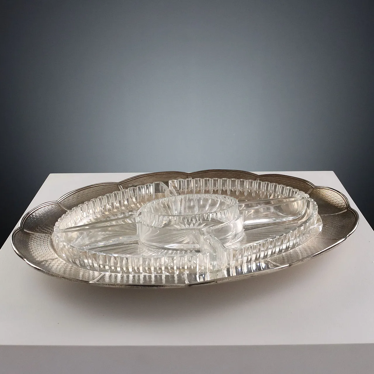 Vassoio in argento 925 con ciotole in vetro, '800 1