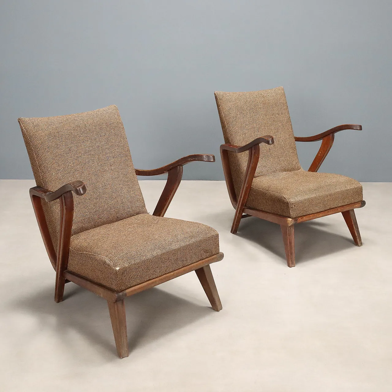 Pair of wooden and fabric armchairs, 20th century 1