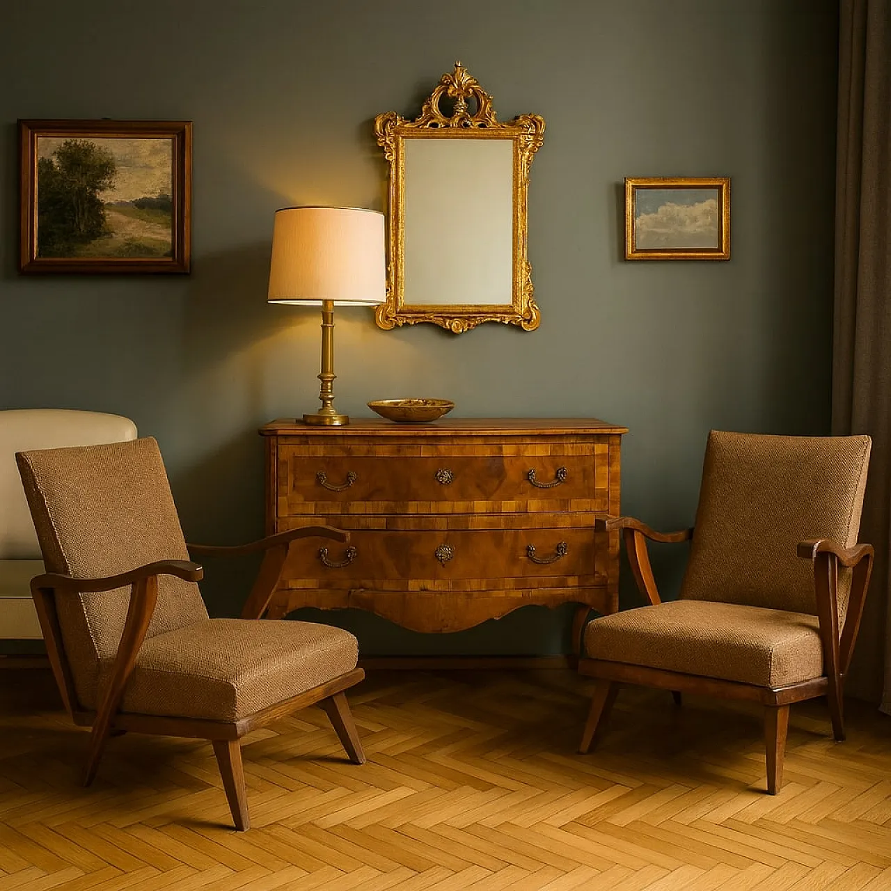 Pair of wooden and fabric armchairs, 20th century 2