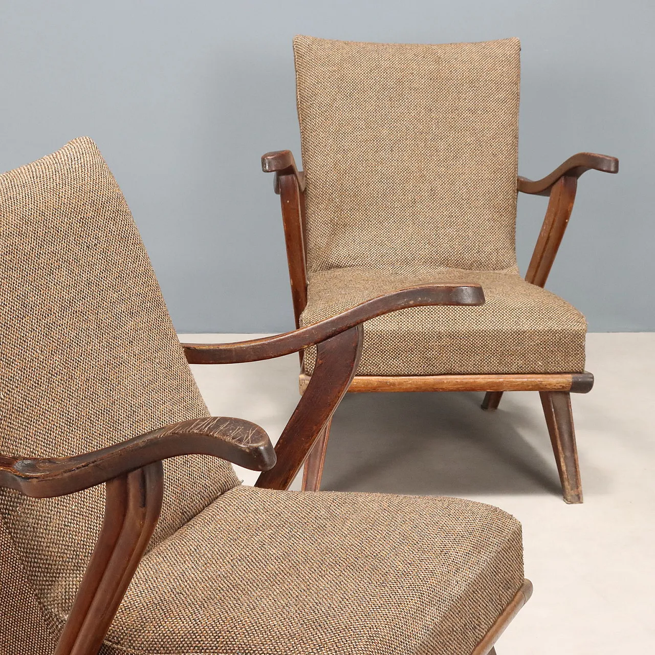 Pair of wooden and fabric armchairs, 20th century 4