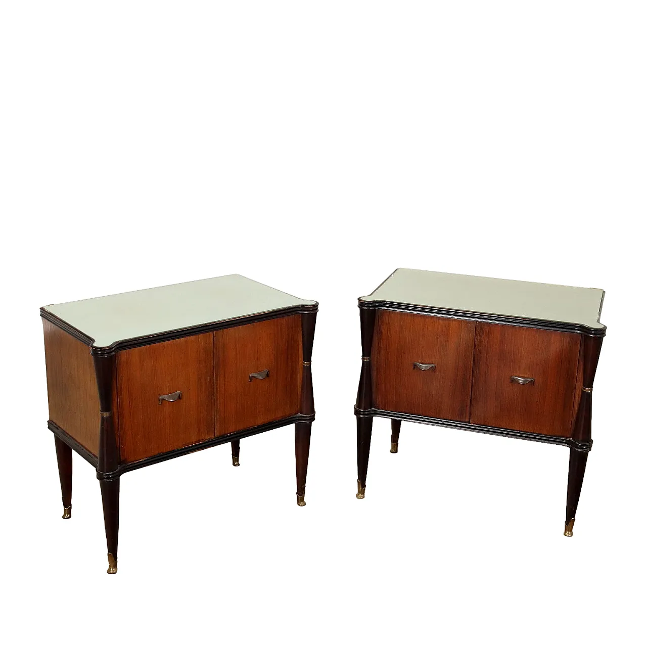 Coppia di comodini in legno, vetro e ottone, anni '50 1