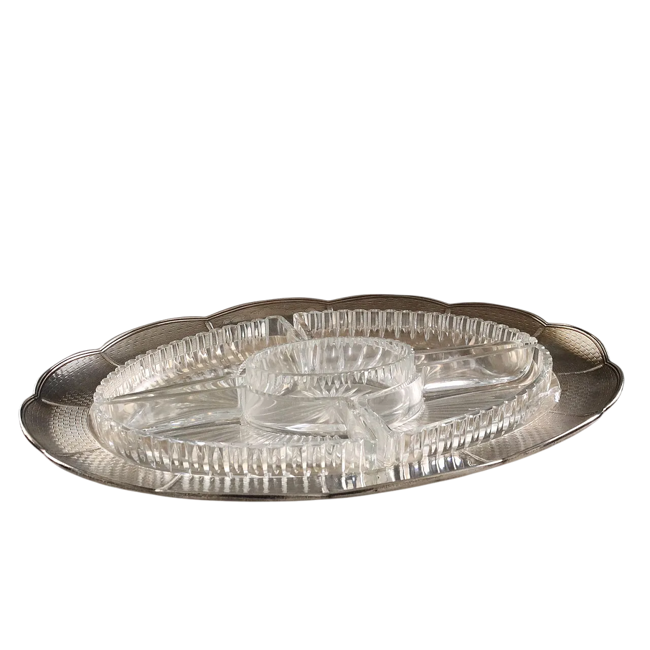 Vassoio in argento 925 con ciotole in vetro, '800 10