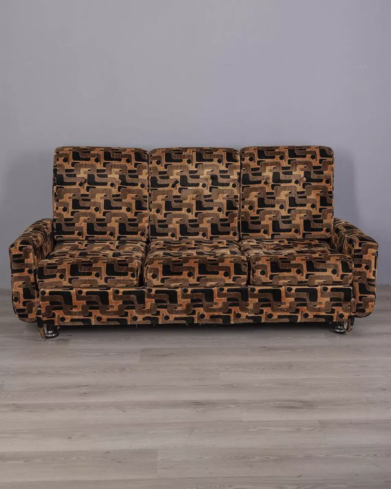 Divano a tre posti in velluto multicolore, anni '70 2