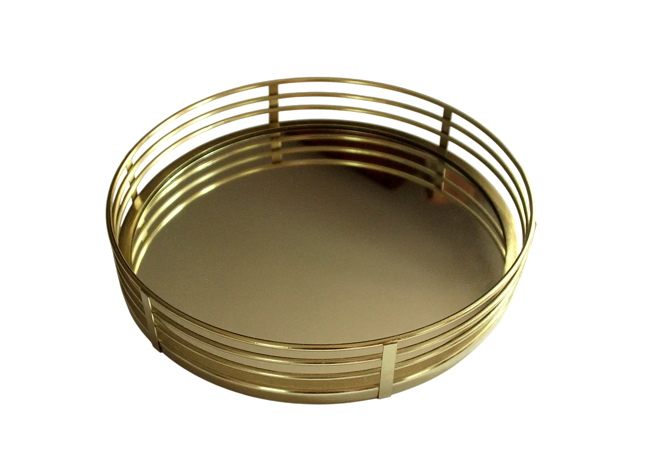 Vassoio a specchio rotondo in ottone, vetro e metallo, anni '70 7