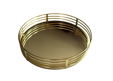 Vassoio a specchio rotondo in ottone, vetro e metallo, anni '70