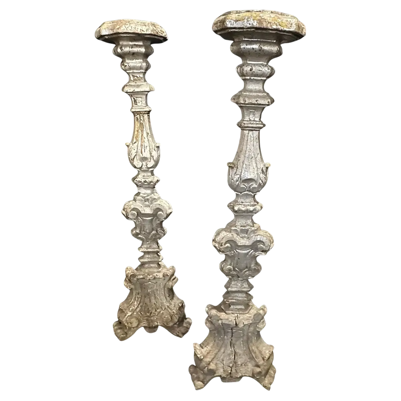 Coppia di candelieri in legno argentato, '800 18