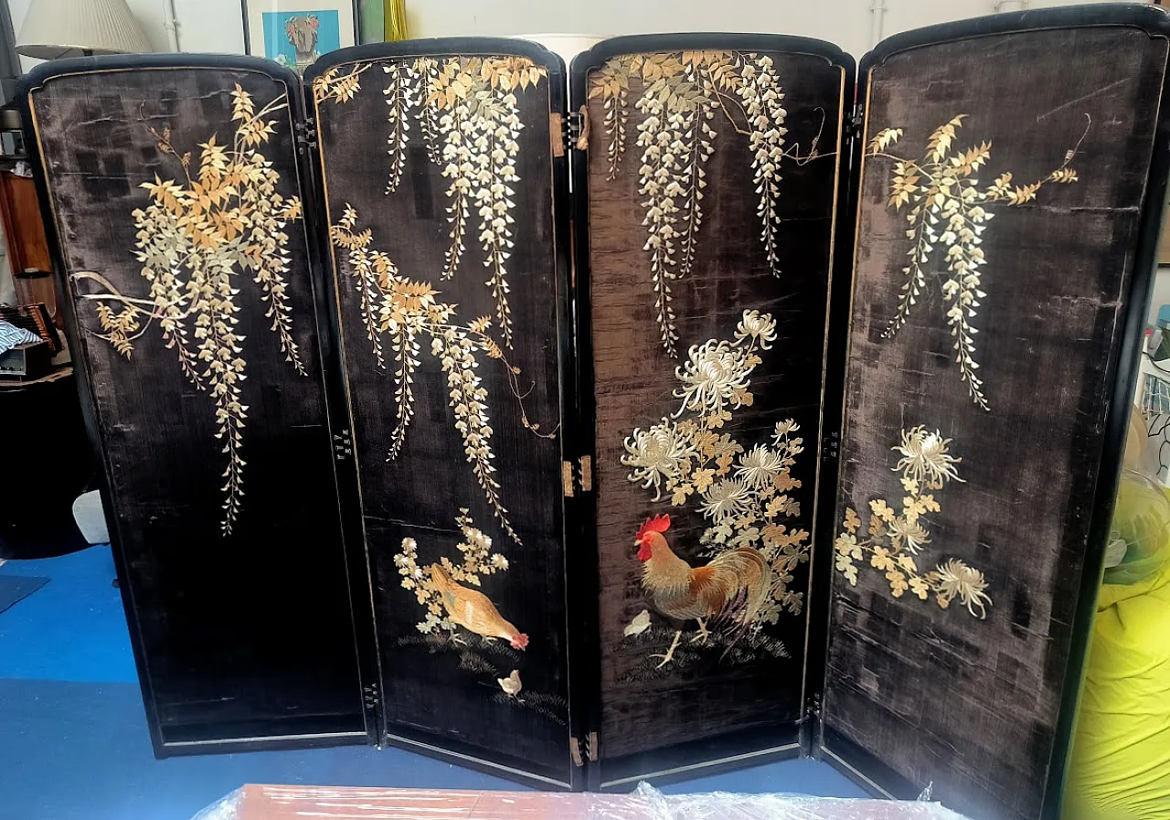 Paravento GIAPPONE in legno, ricamato in seta, '800 13