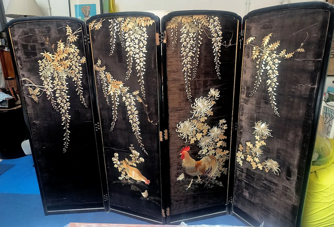 Paravento GIAPPONE in legno, ricamato in seta, '800 14