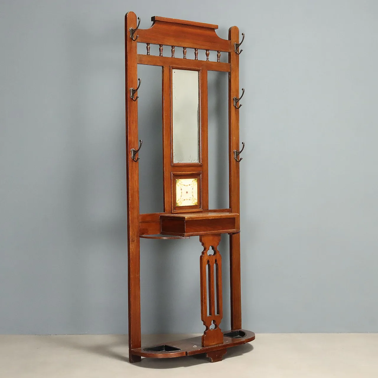 Appendiabiti in stile liberty in mogano con specchio, primo '900 1