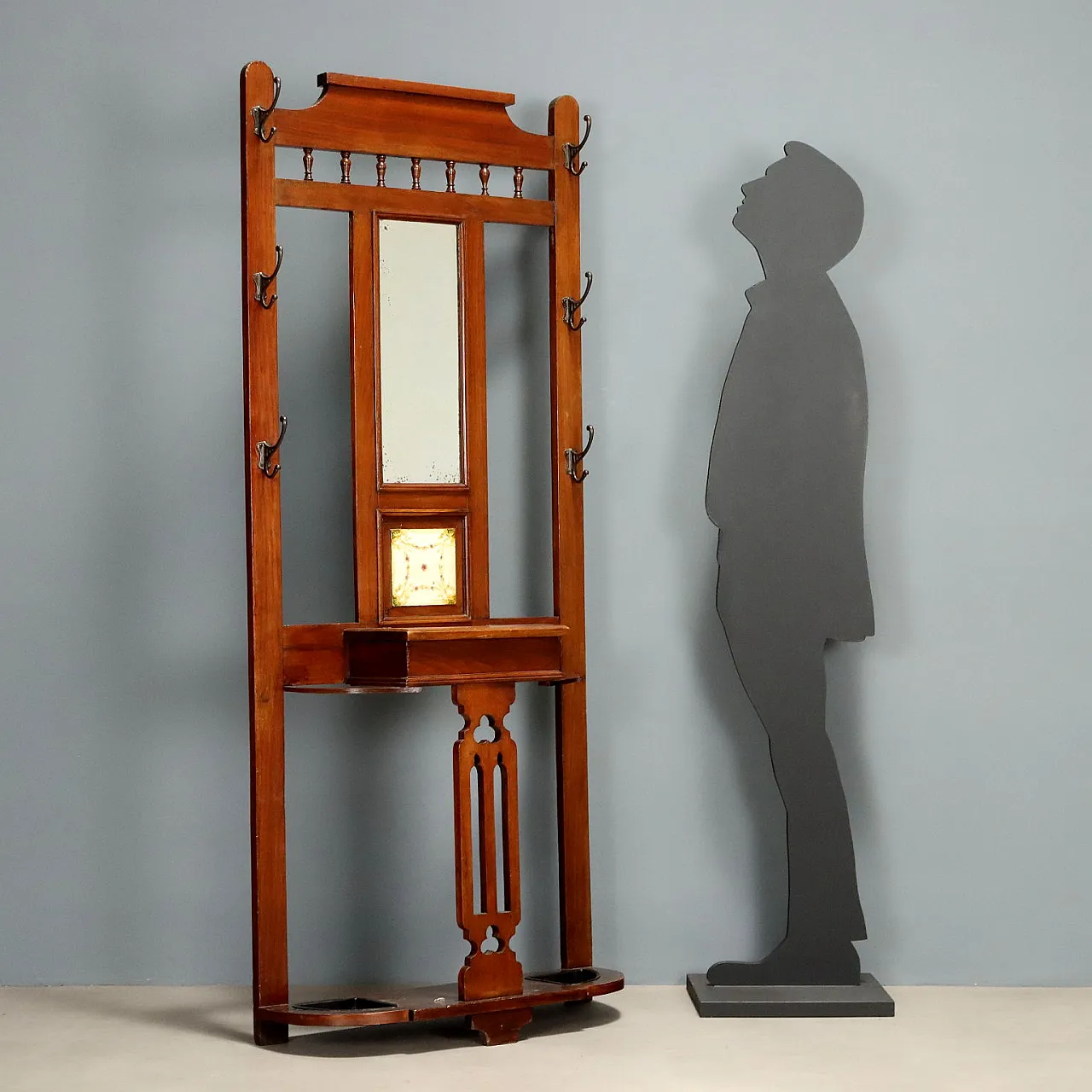 Appendiabiti in stile liberty in mogano con specchio, primo '900 2