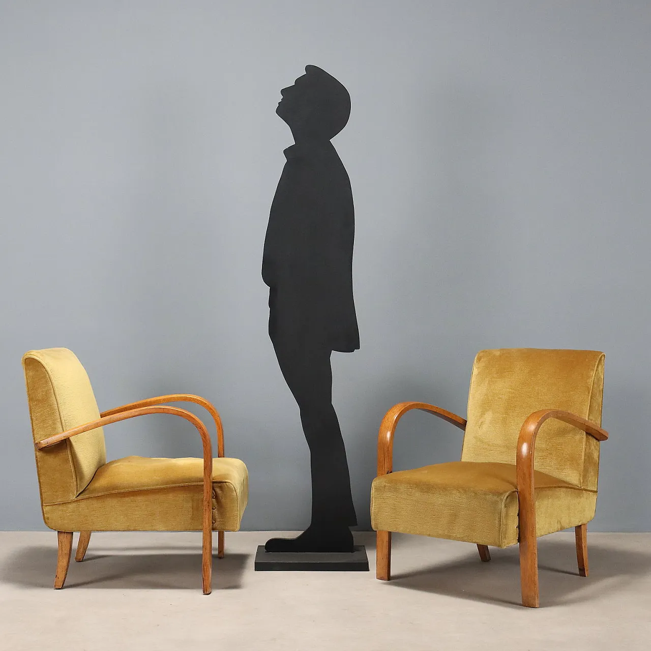 Coppia di poltrone con braccioli in legno curvato a vista, '900 2