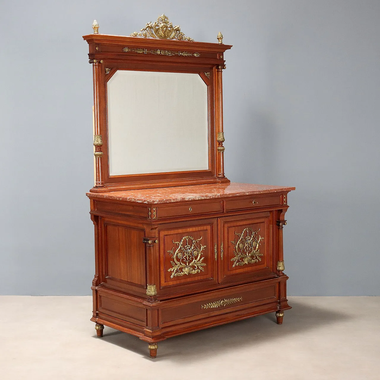 Credenza in mogano con specchio, primo '900 1