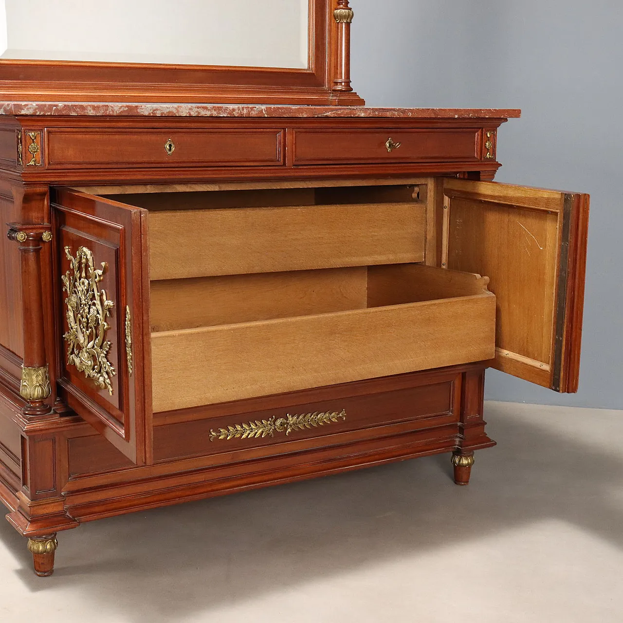 Credenza in mogano con specchio, primo '900 3