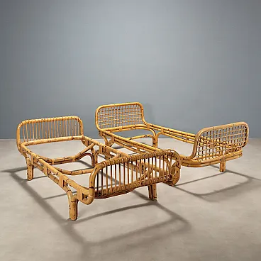 Coppia di letti singoli in bambù e vimini, anni '70