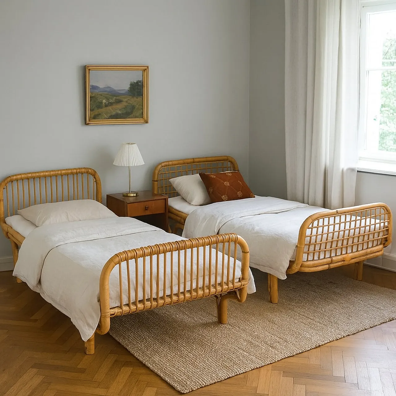 Pair of single beds in bamboo and wicker, 1970s 2