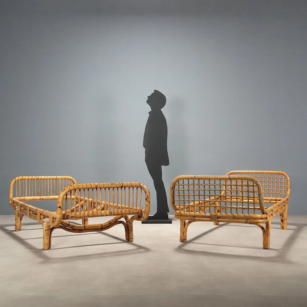 Pair of single beds in bamboo and wicker, 1970s 3