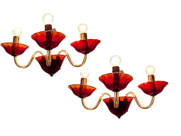 Coppia di applique in vetro di Murano rosso rubino di Murano, anni '70