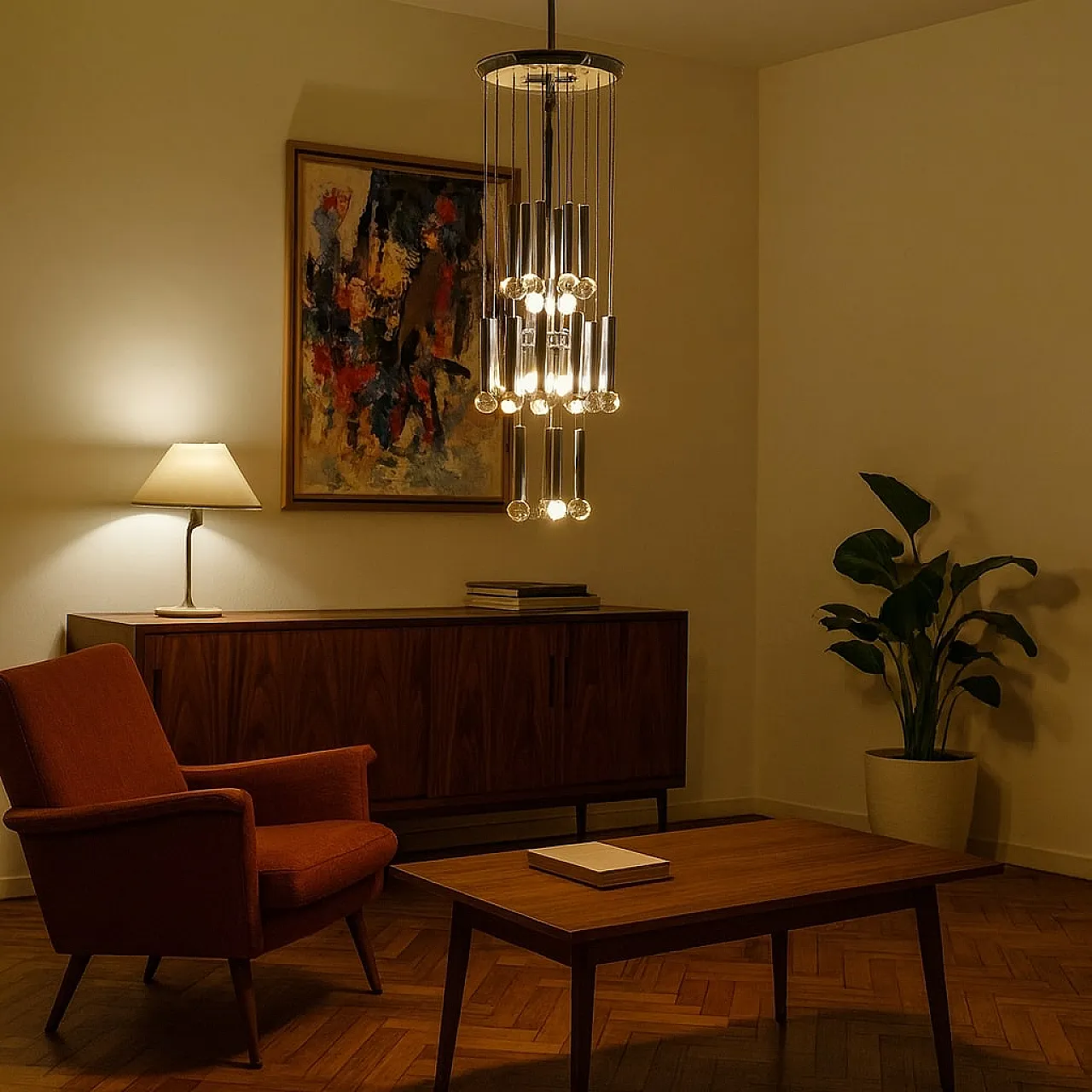 Chandelier in chromed metal and glass, 1960s 2