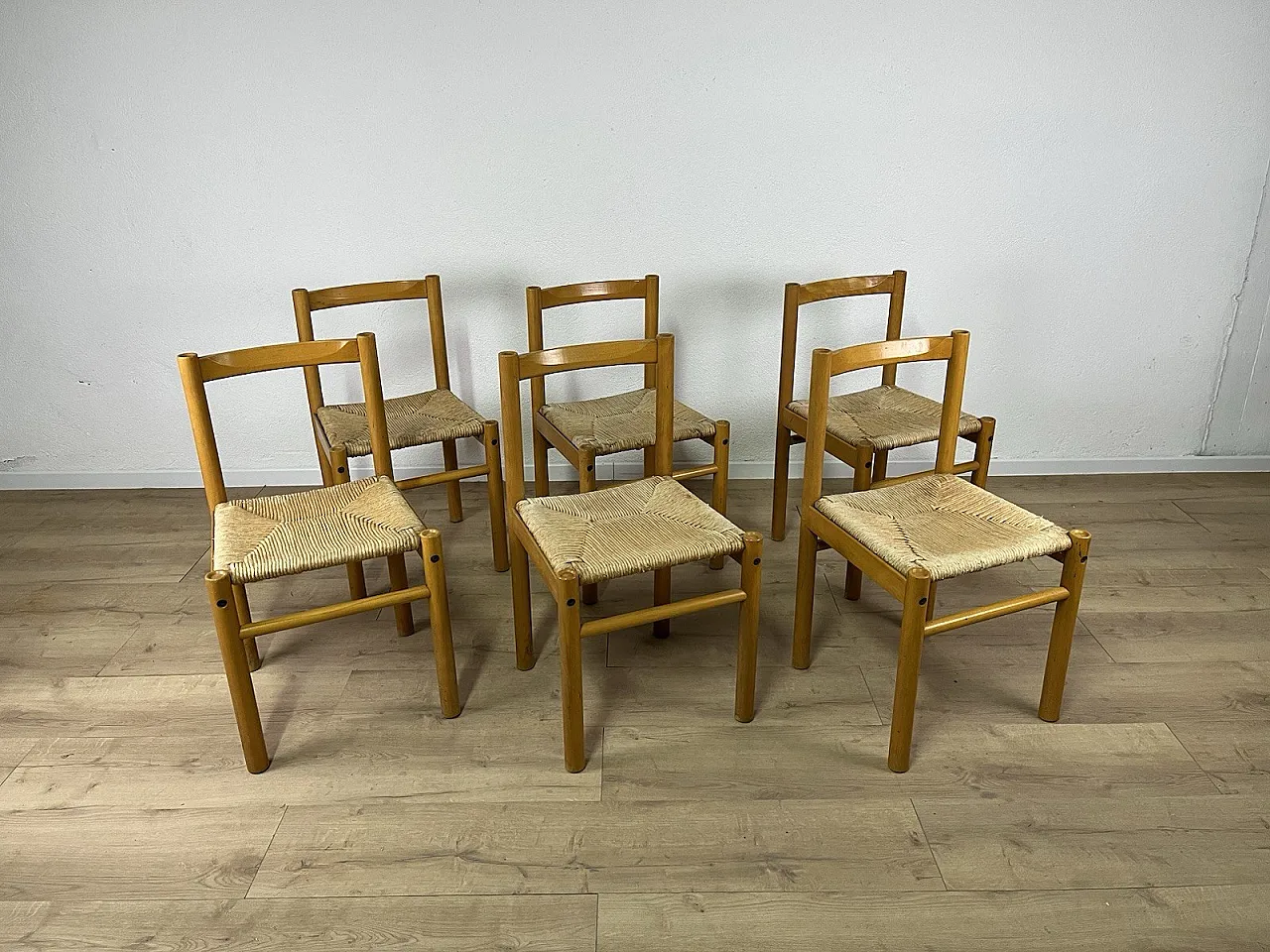 6 Ash wood chairs and straw seat by Ibisco, 1970s 1