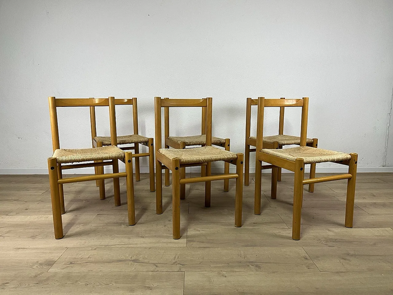 6 Ash wood chairs and straw seat by Ibisco, 1970s 2